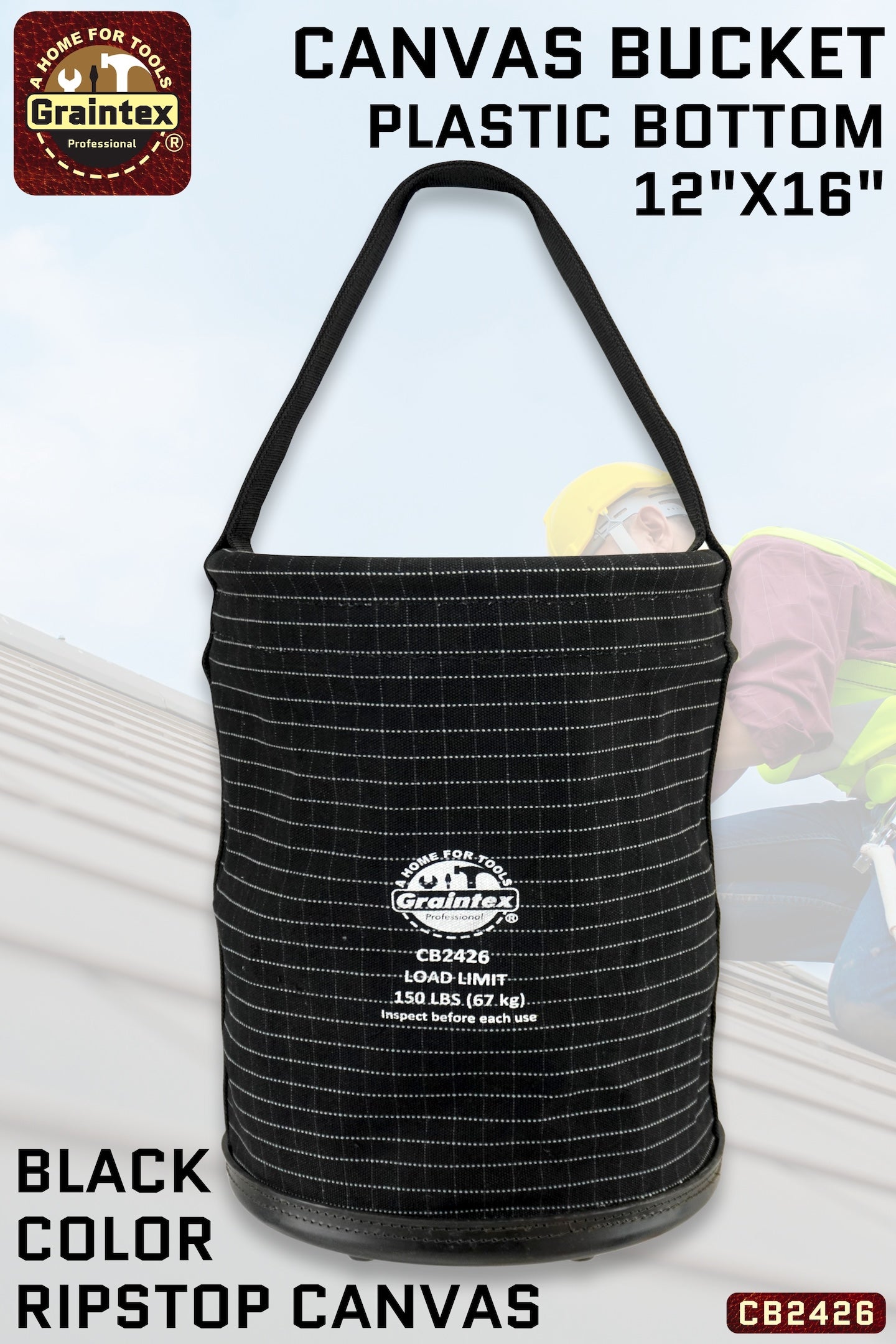 CB2426 UTILITY CANVAS BUCKET PLASTIC BOTTOM 12 X16 WEBBING HANDLE