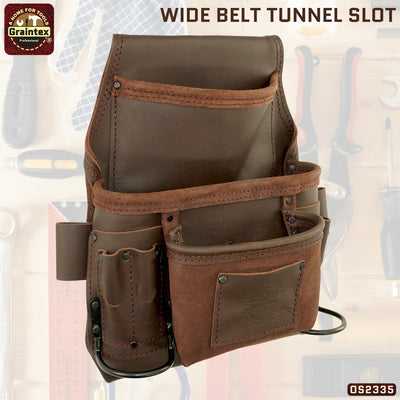 OS2335 :: 9 Pocket Nail & Tool Pouch Brown Color Top Grain Oil Tanned Leather