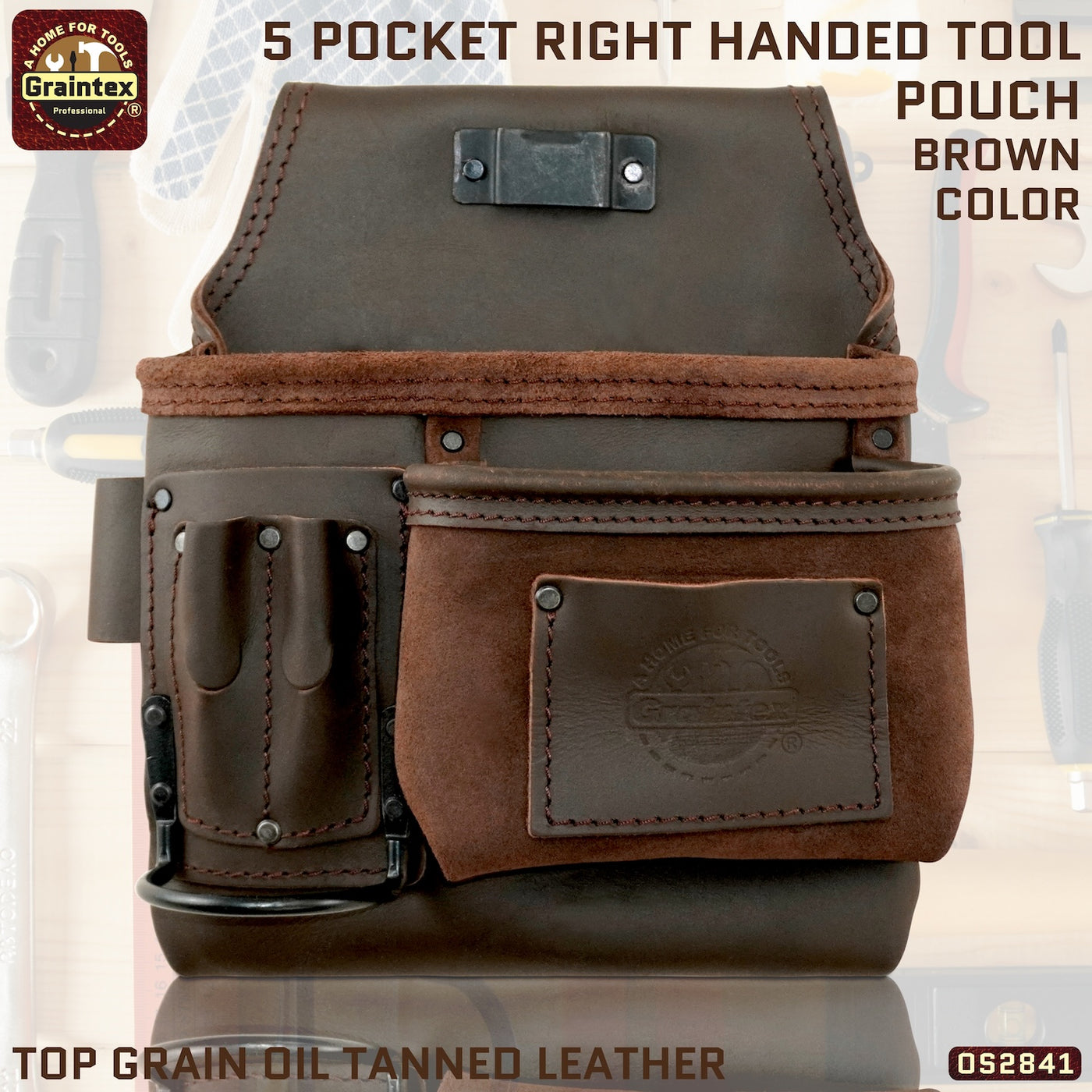 OS2841 :: 5 Pocket Right Handed Nail & Tool Pouch Brown Color Top Grain Oil Tanned Leather