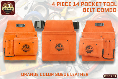 DS2751 :: 4 Piece 14 Pocket Tool Belt Combo Orange Color Suede Leather