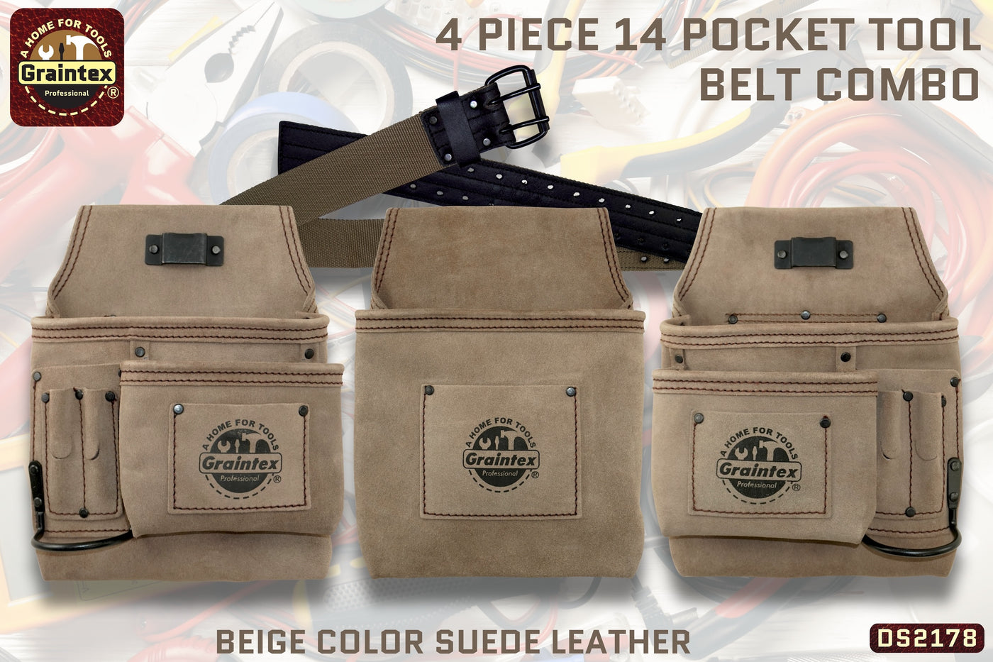 DS2178 :: 4 Piece 14 Pocket Tool Belt Combo Beige Color Suede Leather