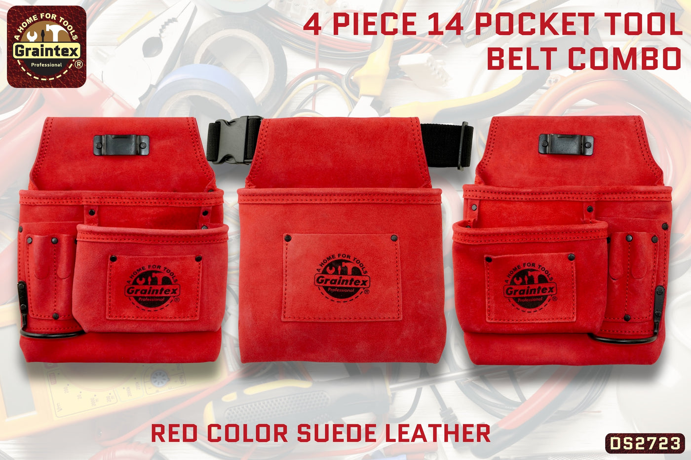 DS2723 :: 4 Piece 14 Pocket Tool Belt Combo Red Color Suede Leather