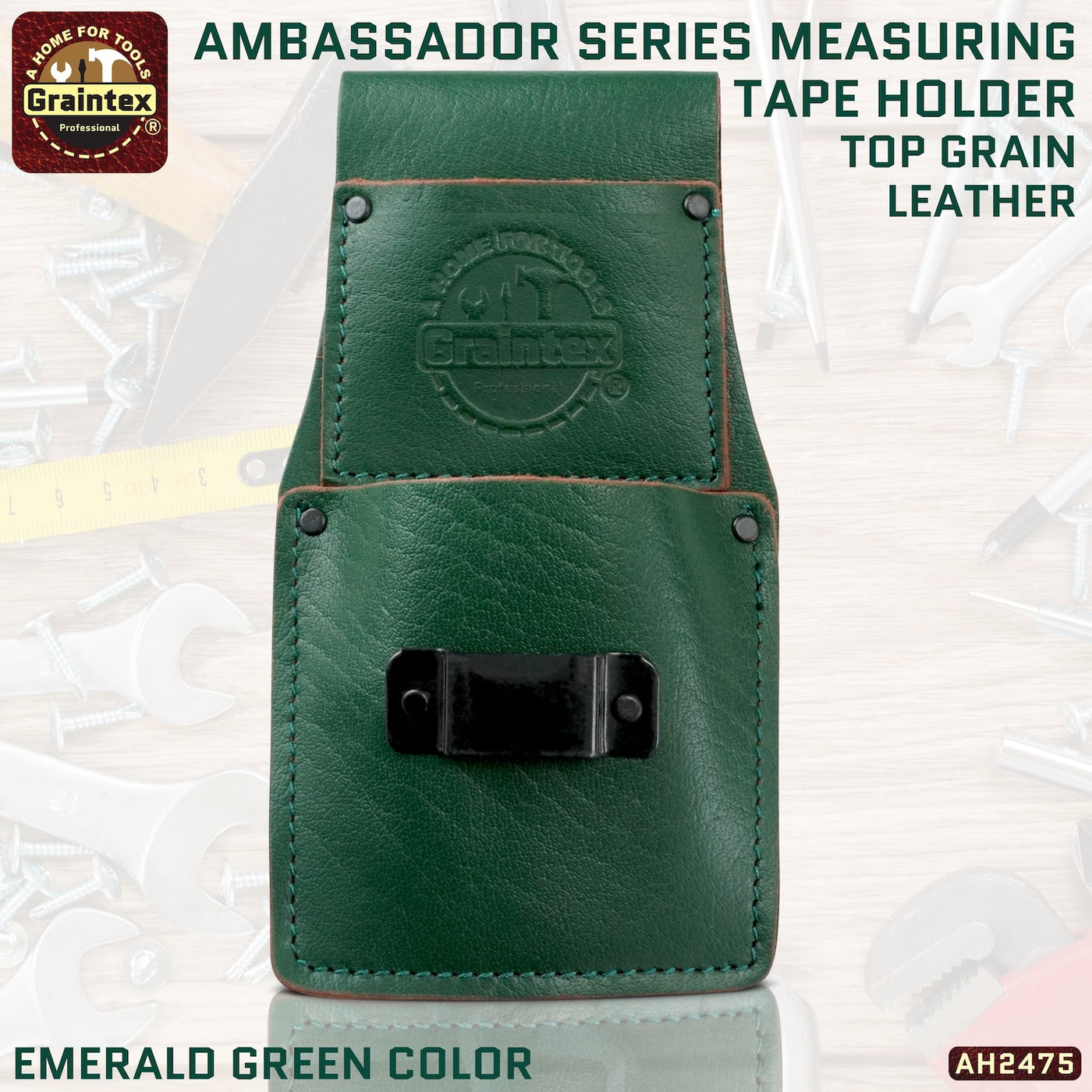 AH2475 :: AMBASSADOR SERIES MEASURING TAPE HOLDER EMERALD GREEN COLOR TOP GRAIN LEATHER