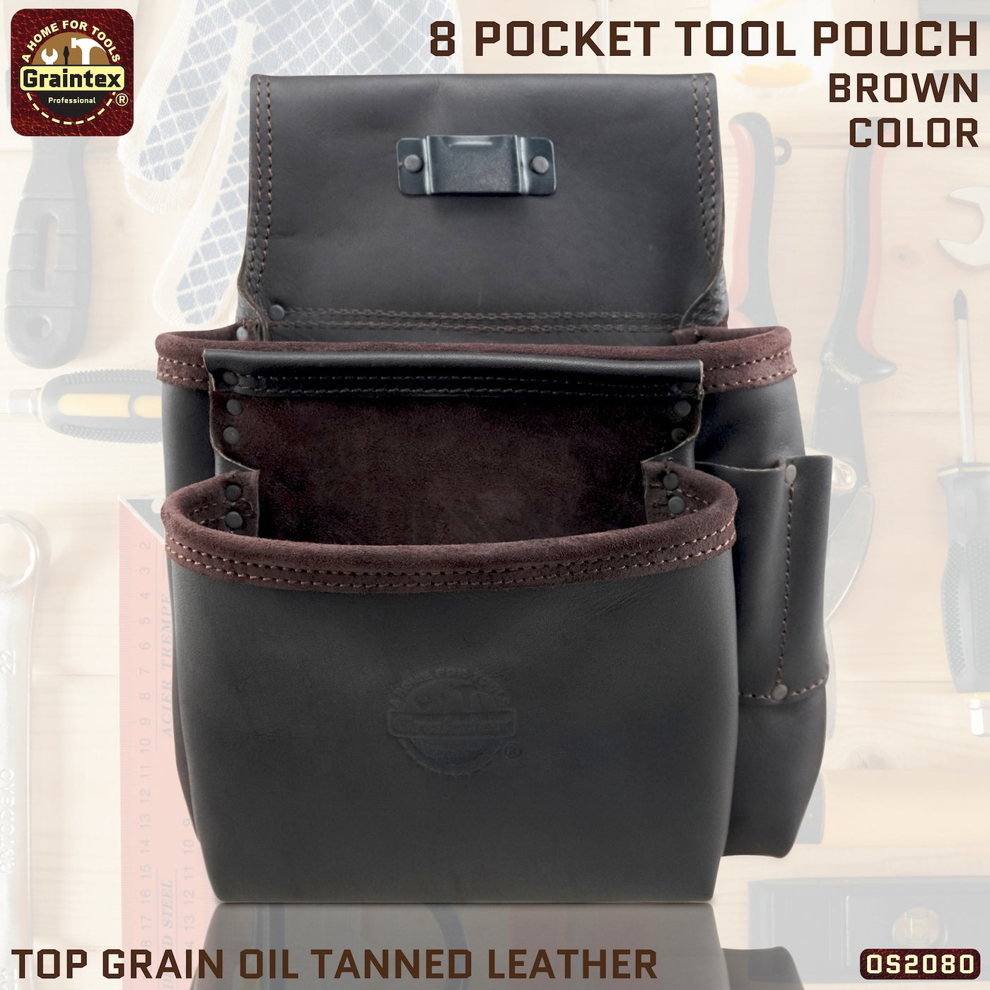 OS2080 :: 8 Pocket Framer’s Nail & Tool Pouch Brown Color Oil Tanned Top Grain Leather Leather