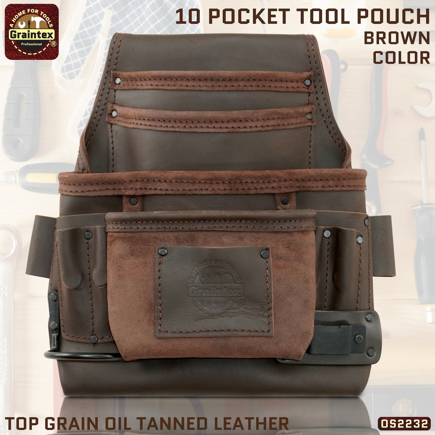 OS2232 :: 10 Pocket Nail & Tool Pouch Brown Color Top Grain Oil Tanned Leather