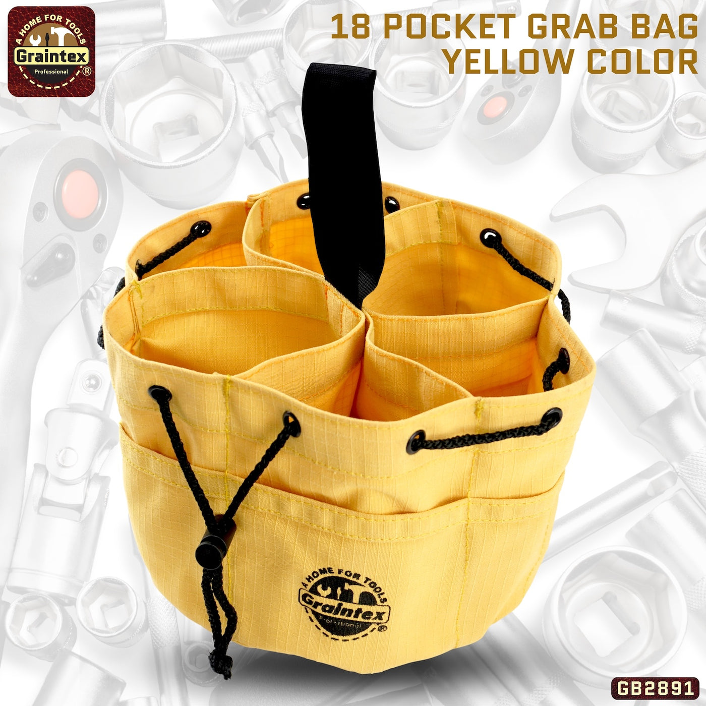 GB2891 :: Grab Bag Yellow Color Rip-stop Canvas 18 Pockets Drawstring Closure