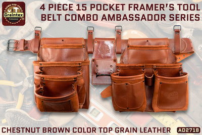 AD2718 :: 4 Piece 15 Pocket Framer's Tool Belt Combo Set Ambassador Series Chestnut Brown Color Top Grain Leather