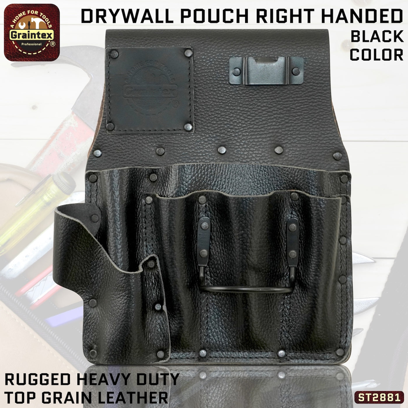 ST2881 :: Drywall Pouch Right Handed Black Color RUGGED Top Grain Leather