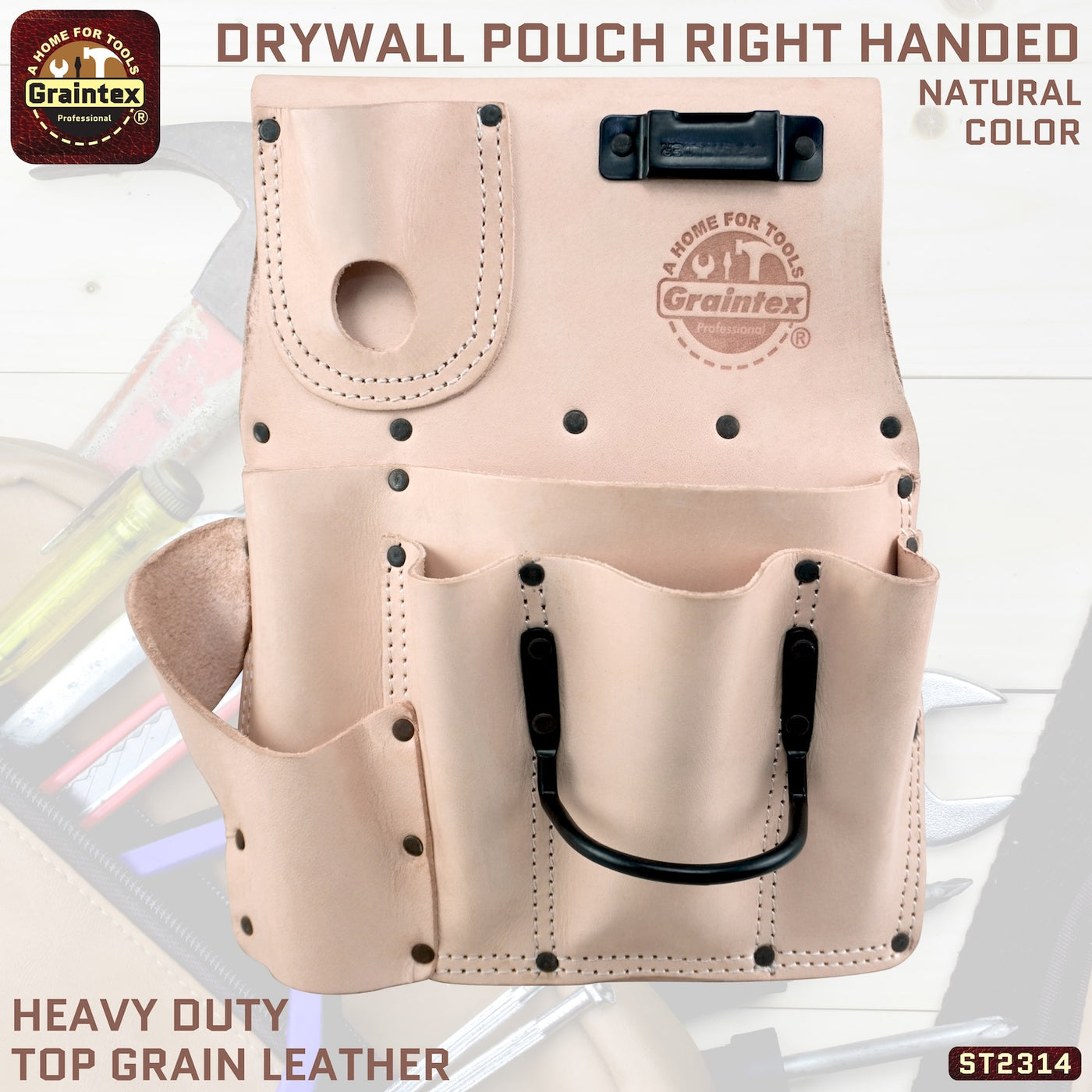 ST2314 :: Drywall Pouch Right Handed Natural Color Top Grain Leather