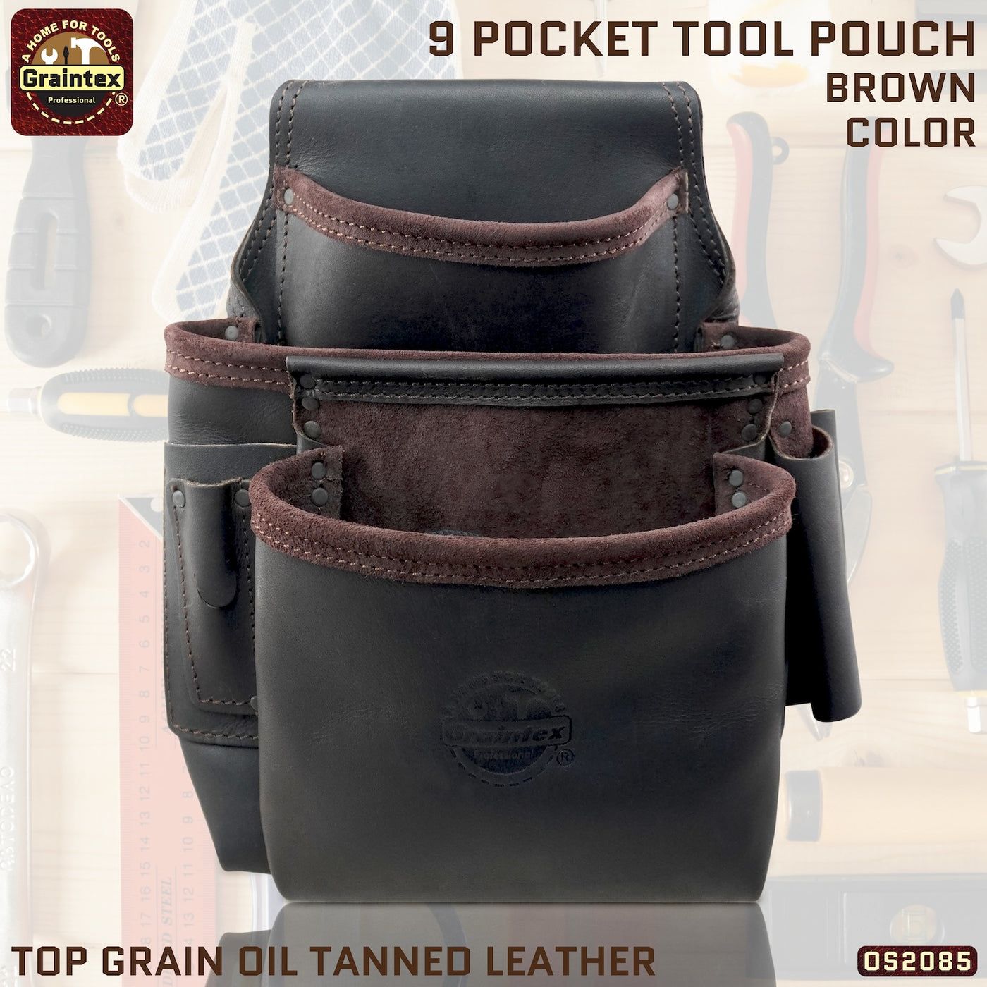 OS2085 :: 9 Pocket Framer’s Nail & Tool Pouch Brown Color Top Grain Oil Tanned Leather