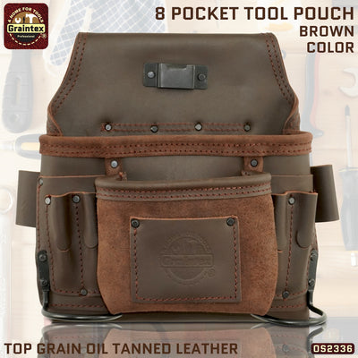 OS2336 :: 8 Pocket Nail & Tool Pouch Brown Color Top Grain Oil Tanned Leather