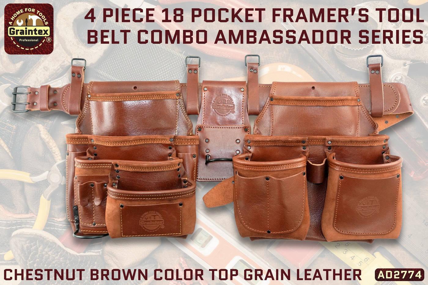 AD2774 :: 4 Piece 18 Pocket Framer's Tool Belt Combo Set Ambassador Series Chestnut Brown Color Top Grain Leather