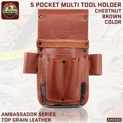 AH2300 :: AMBASSADOR SERIES 5 POCKET MULTI TOOL HOLDER CHESTNUT BROWN COLOR TOP GRAIN LEATHER