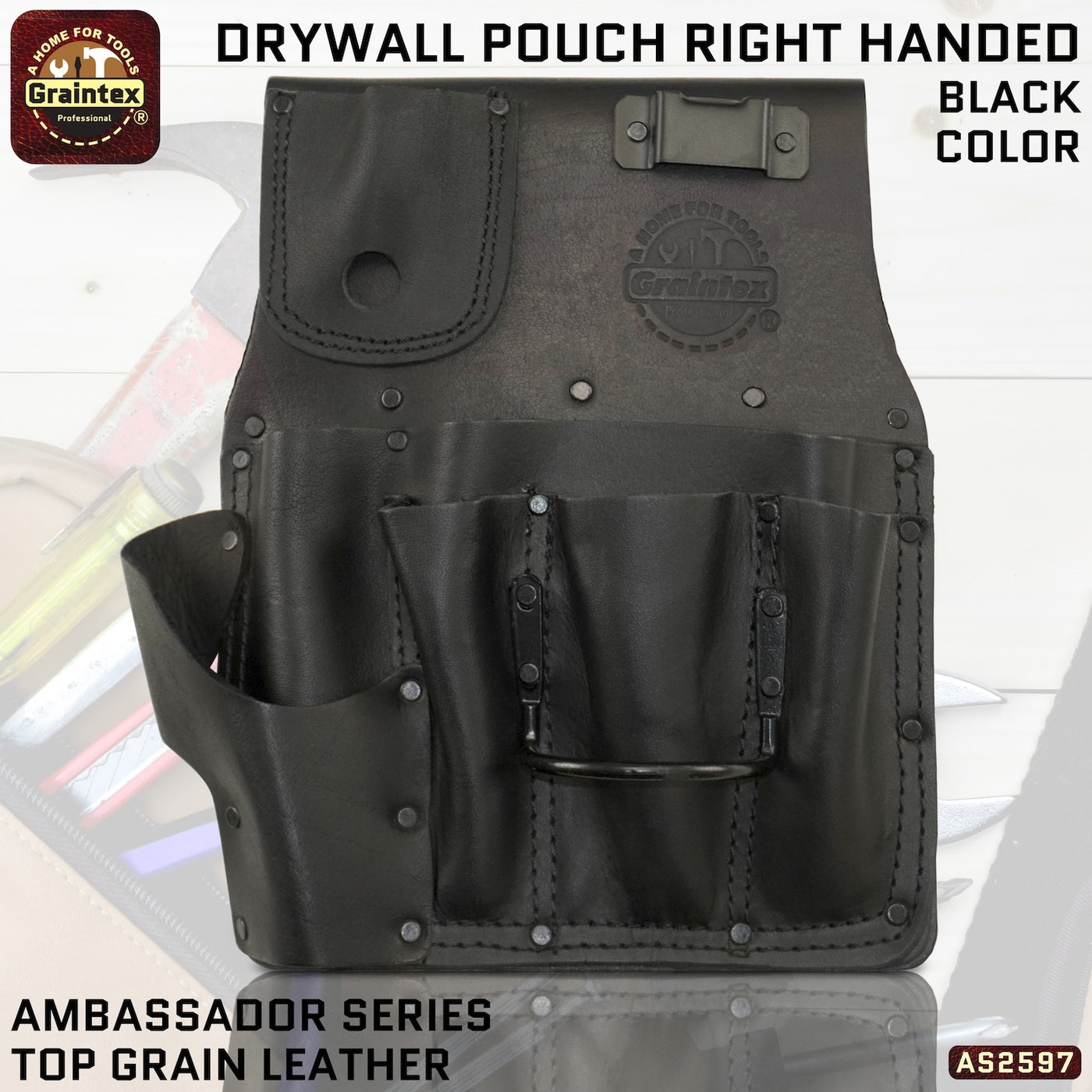 AS2597 :: Drywall Pouch Right Handed Ambassador Series Black Color Top Grain Leather