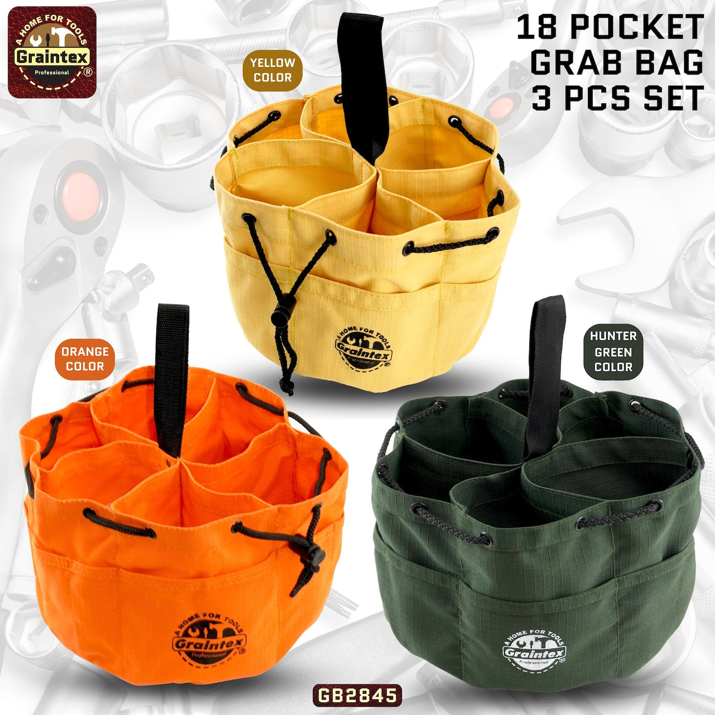 GB2845 :: 3 Pcs Grab Bags Set Yellow, Orange and Hunter Green Color Rip-stop Canvas 18 Pockets