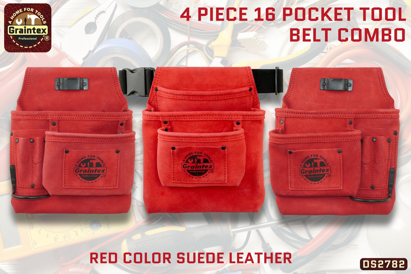 DS2782 :: 4 Piece 16 Pocket Tool Belt Combo Red Color Suede Leather