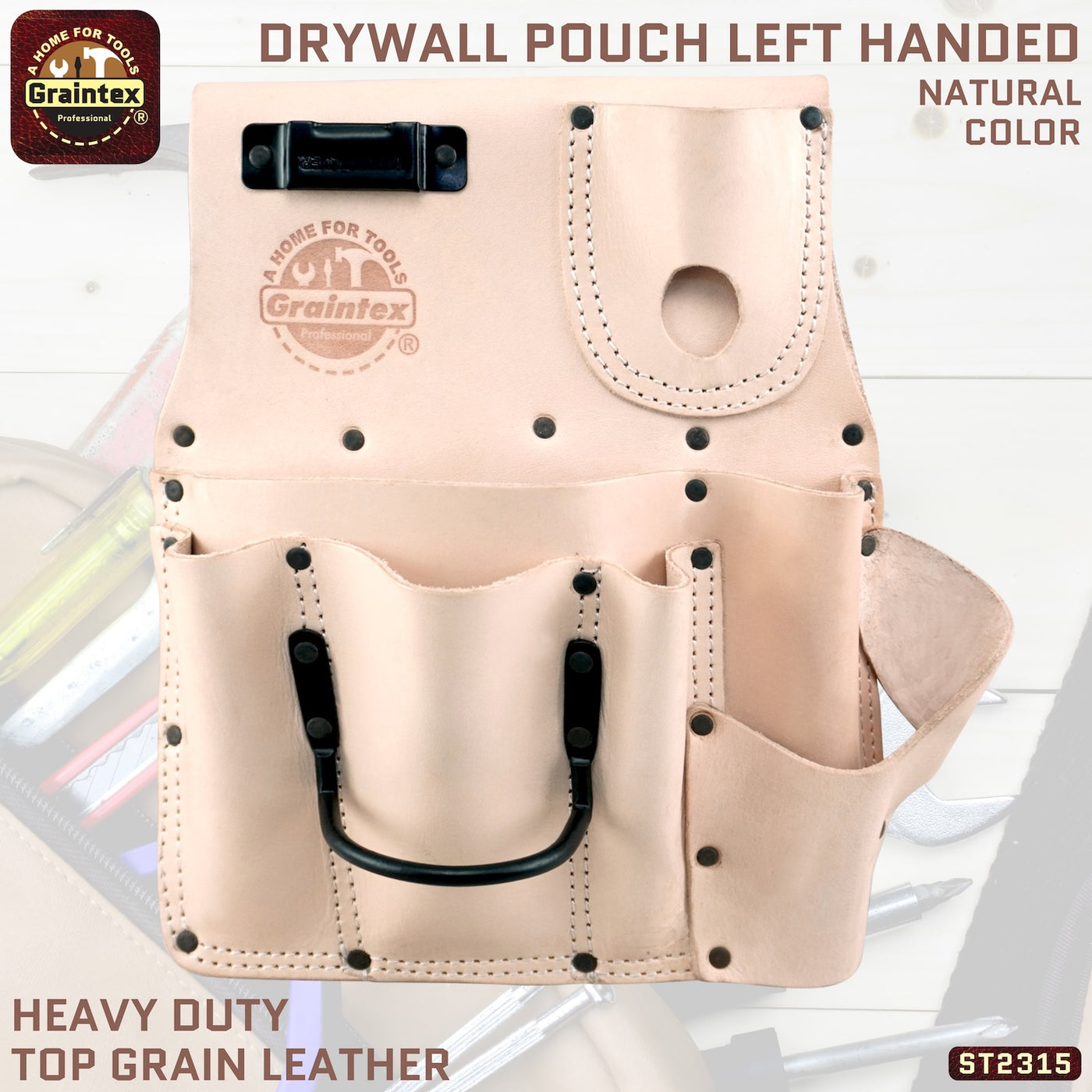 ST2315 :: Drywall Pouch Left Handed Natural Color Top Grain Leather