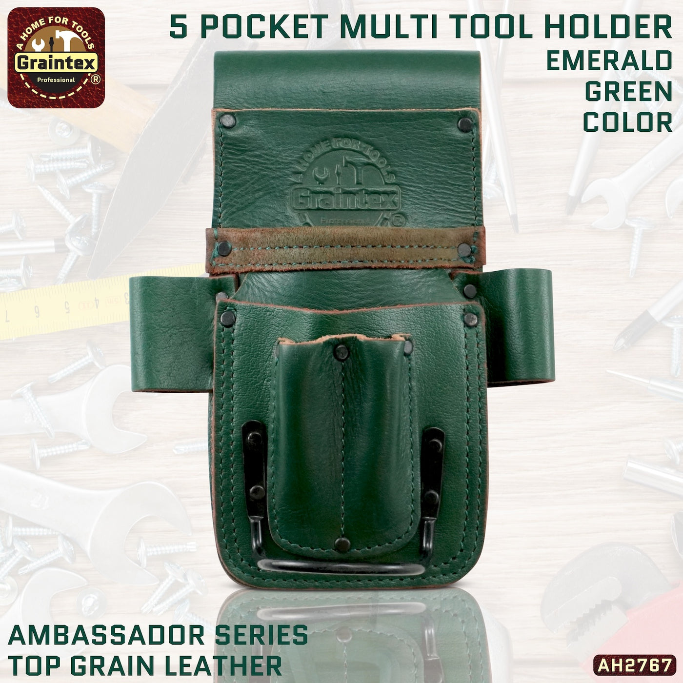 AH2767 :: AMBASSADOR SERIES 5 POCKET MULTI TOOL HOLDER EMERALD GREEN COLOR TOP GRAIN LEATHER