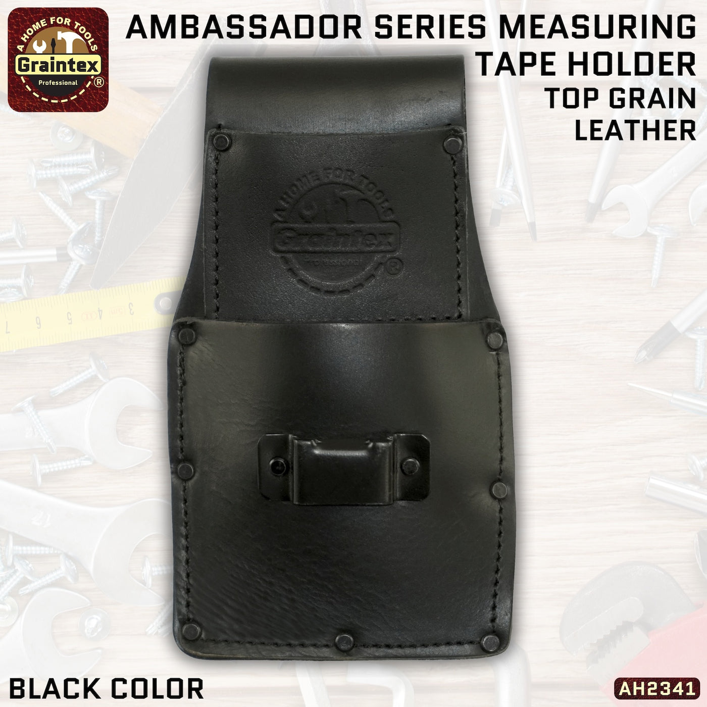 AH2341 :: AMBASSADOR SERIES MEASURING TAPE HOLDER BLACK COLOR TOP GRAIN LEATHER