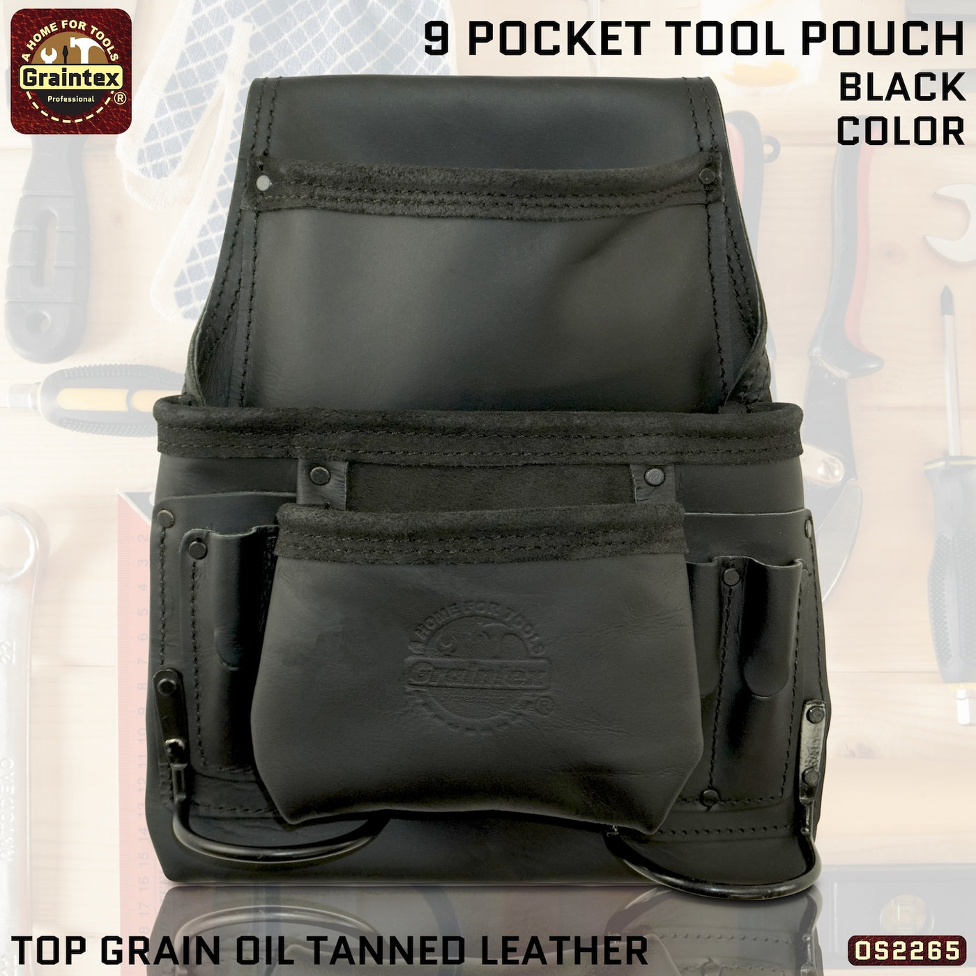 OS2265 :: 9 Pocket Nail & Tool Pouch Black Color Top Grain Oil Tanned Leather