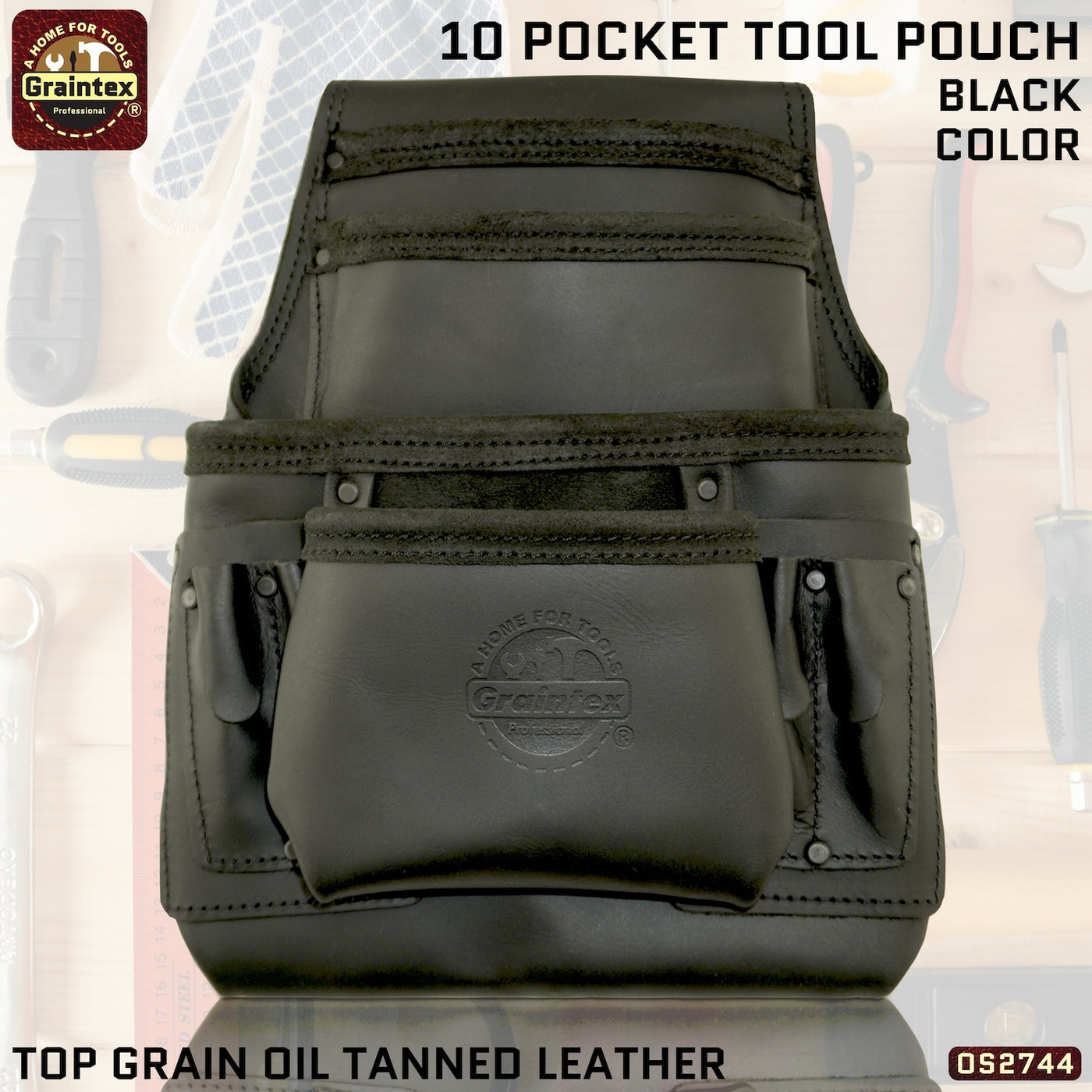 OS2744 :: 10 Pocket Nail & Tool Pouch Black Color Top Grain Oil Tanned Leather