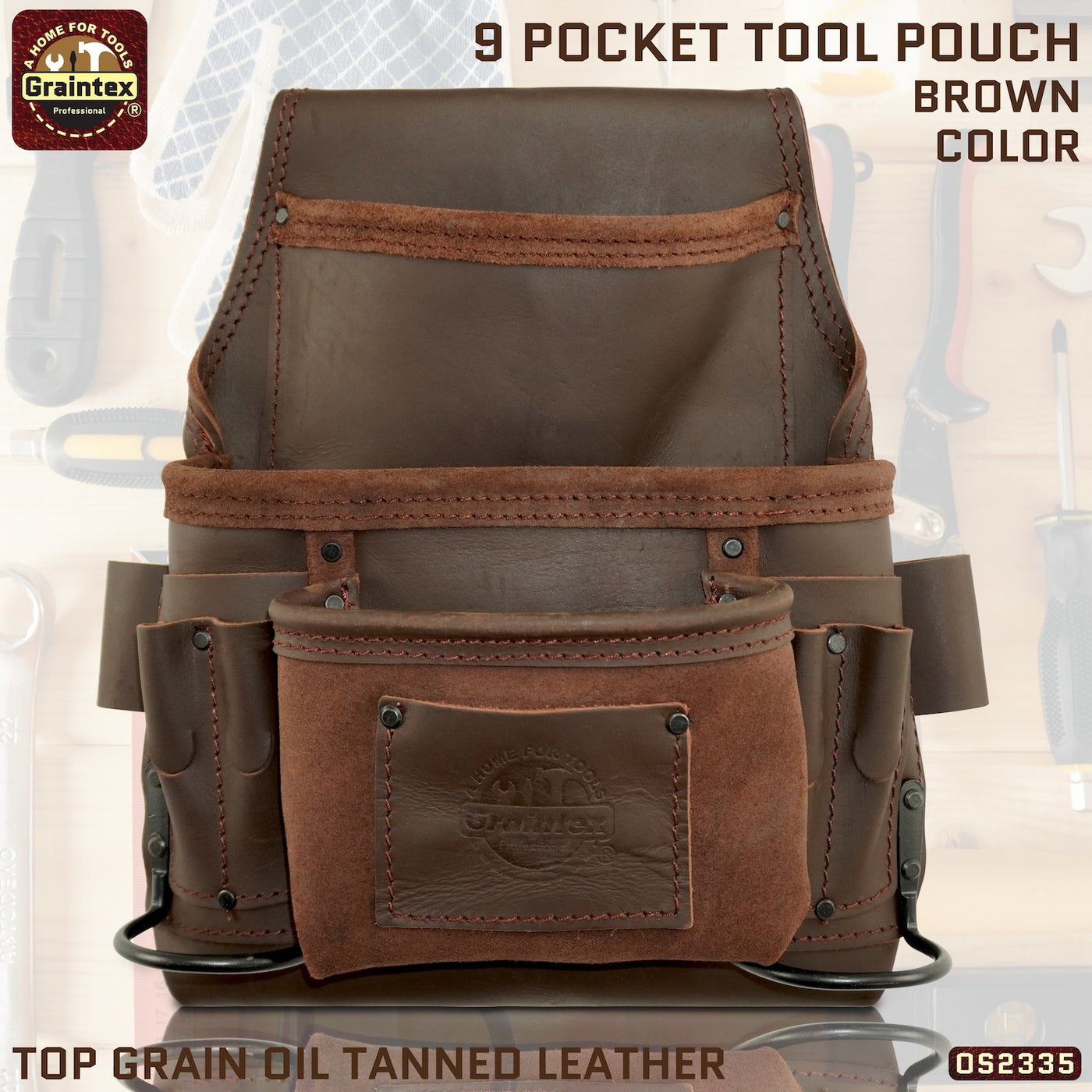 OS2335 :: 9 Pocket Nail & Tool Pouch Brown Color Top Grain Oil Tanned Leather