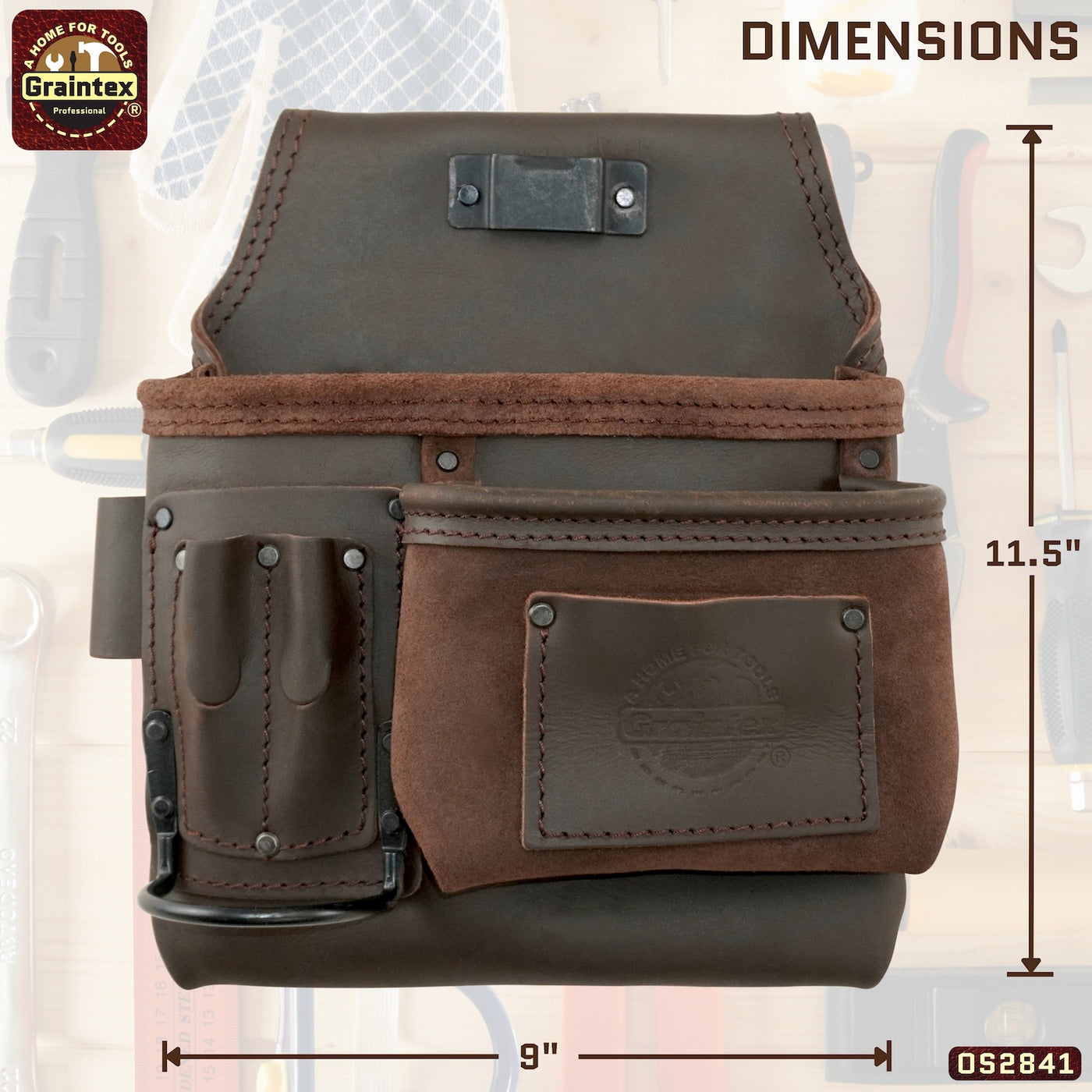 OS2841 :: 5 Pocket Right Handed Nail & Tool Pouch Brown Color Top Grain Oil Tanned Leather