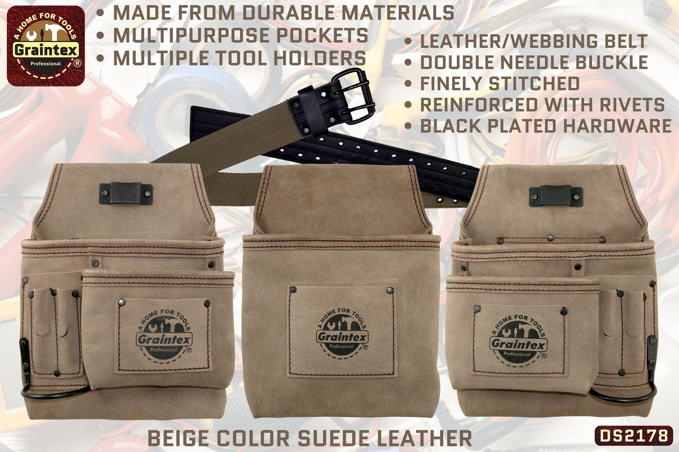 DS2178 :: 4 Piece 14 Pocket Tool Belt Combo Beige Color Suede Leather