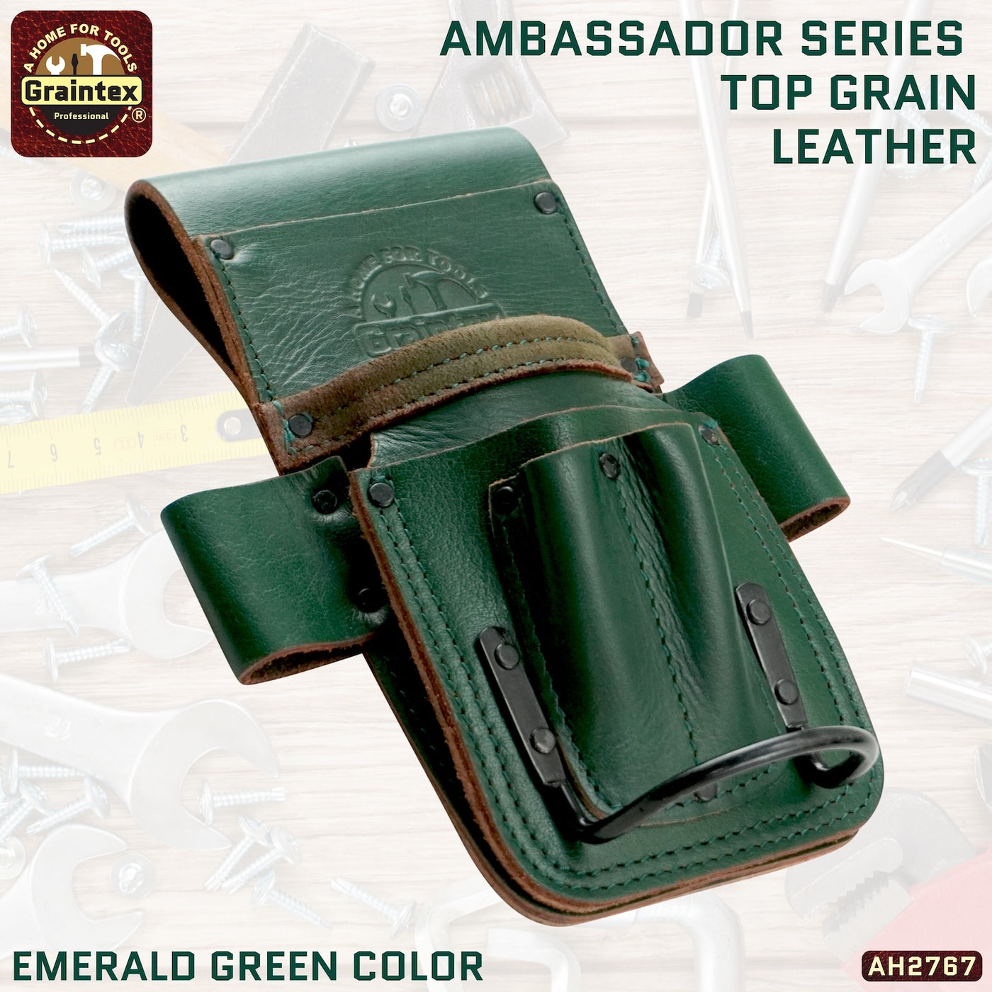 AH2767 :: AMBASSADOR SERIES 5 POCKET MULTI TOOL HOLDER EMERALD GREEN COLOR TOP GRAIN LEATHER