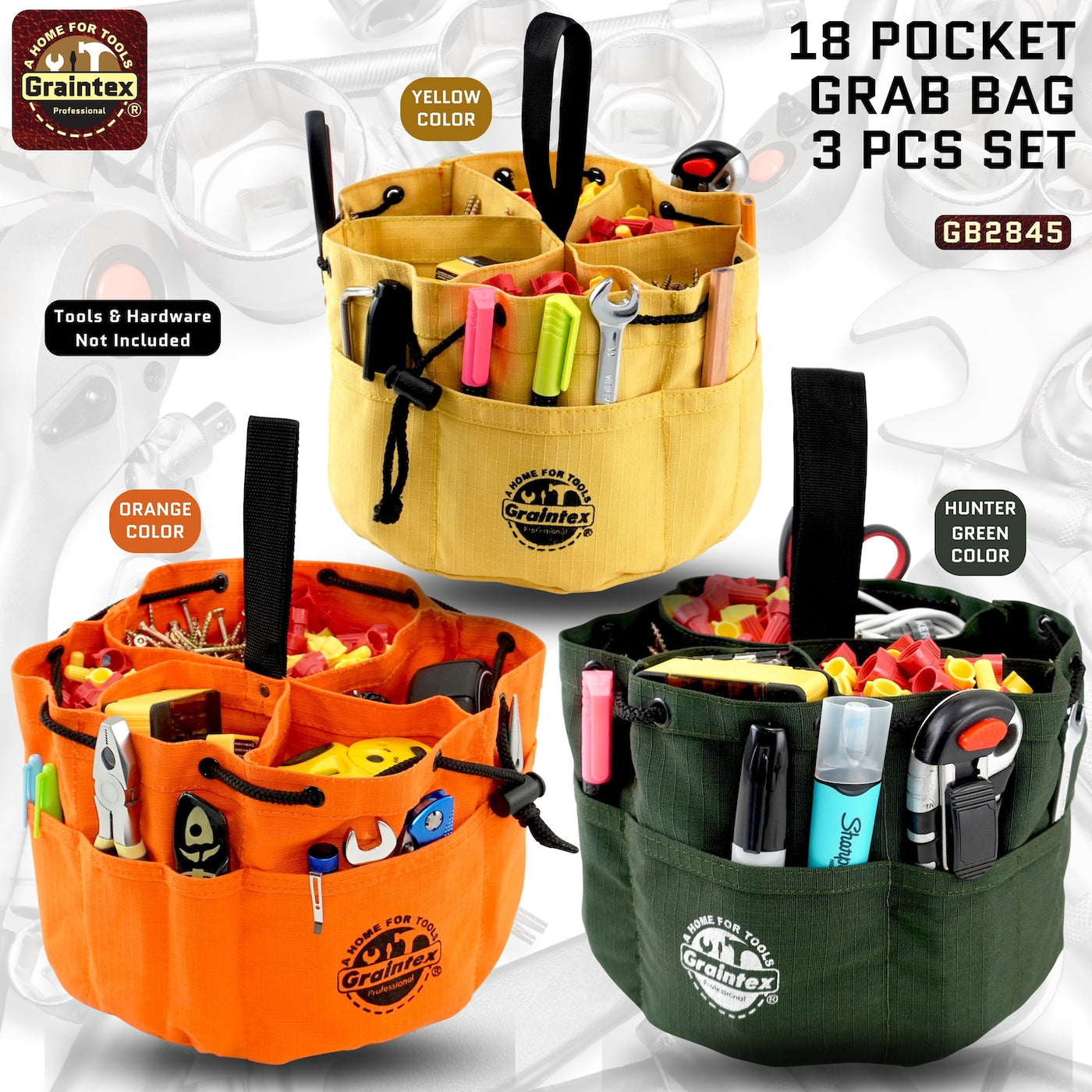 GB2845 :: 3 Pcs Grab Bags Set Yellow, Orange and Hunter Green Color Rip-stop Canvas 18 Pockets