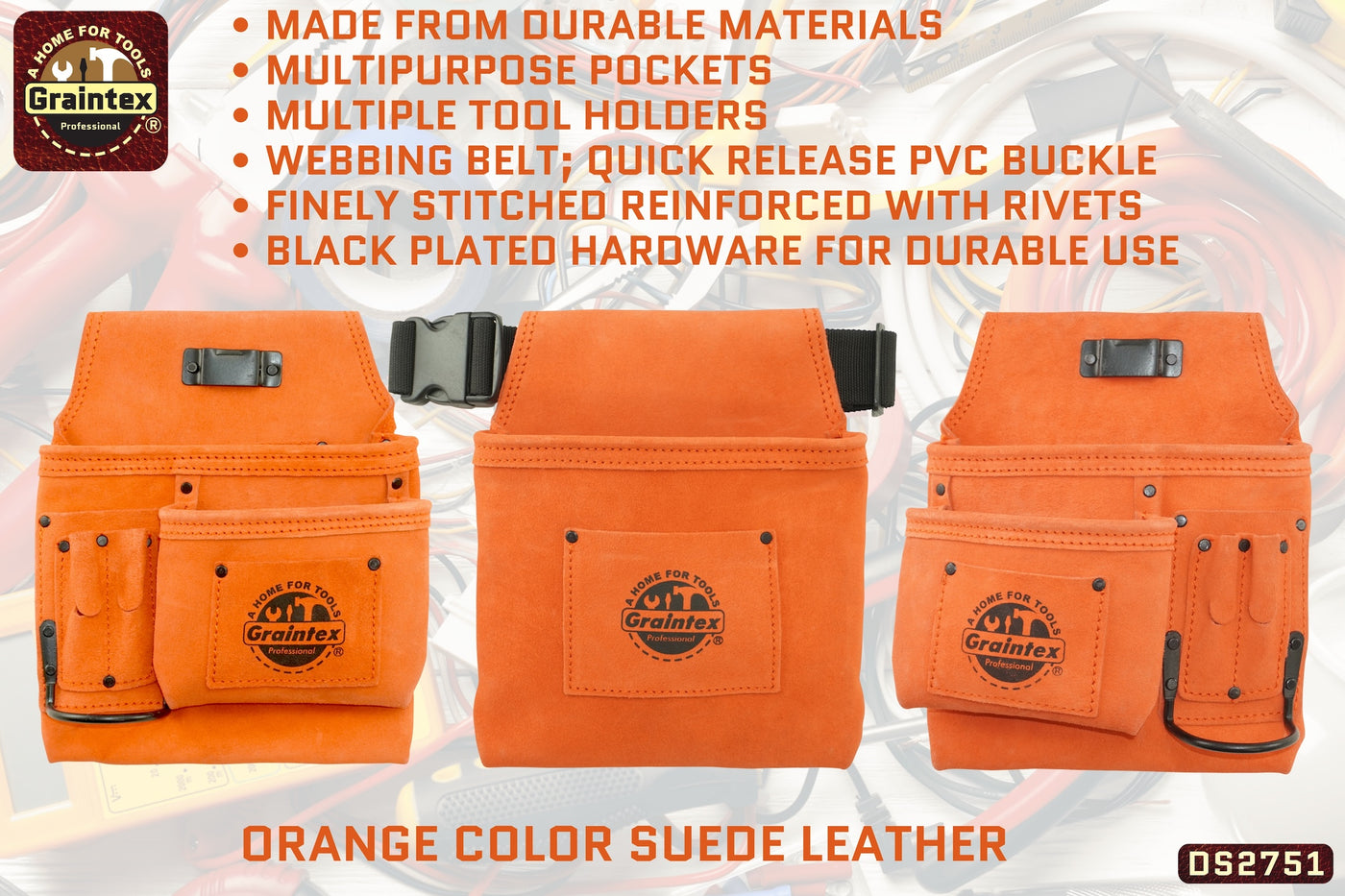 DS2751 :: 4 Piece 14 Pocket Tool Belt Combo Orange Color Suede Leather