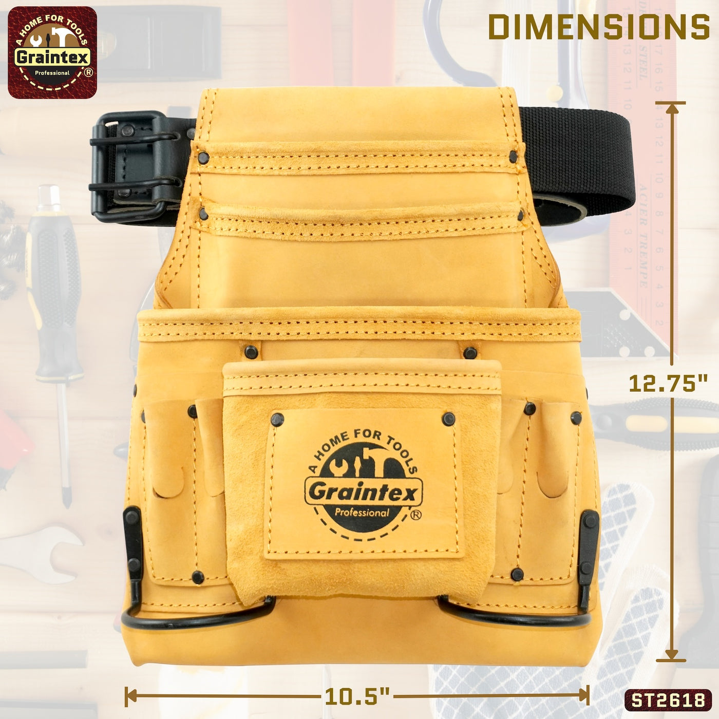 ST2618 :: 10 Pocket Nail & Tool Pouch Yellow Top Grain Leather W/2" Leather/Webbing Belt