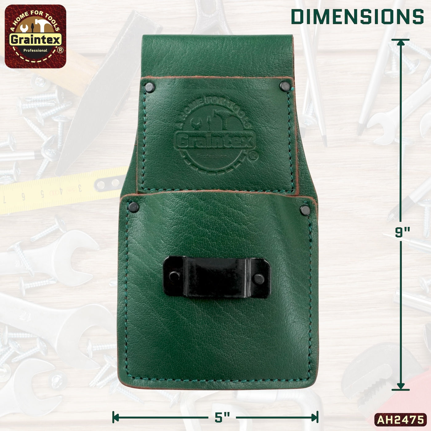 AH2475 :: AMBASSADOR SERIES MEASURING TAPE HOLDER EMERALD GREEN COLOR TOP GRAIN LEATHER