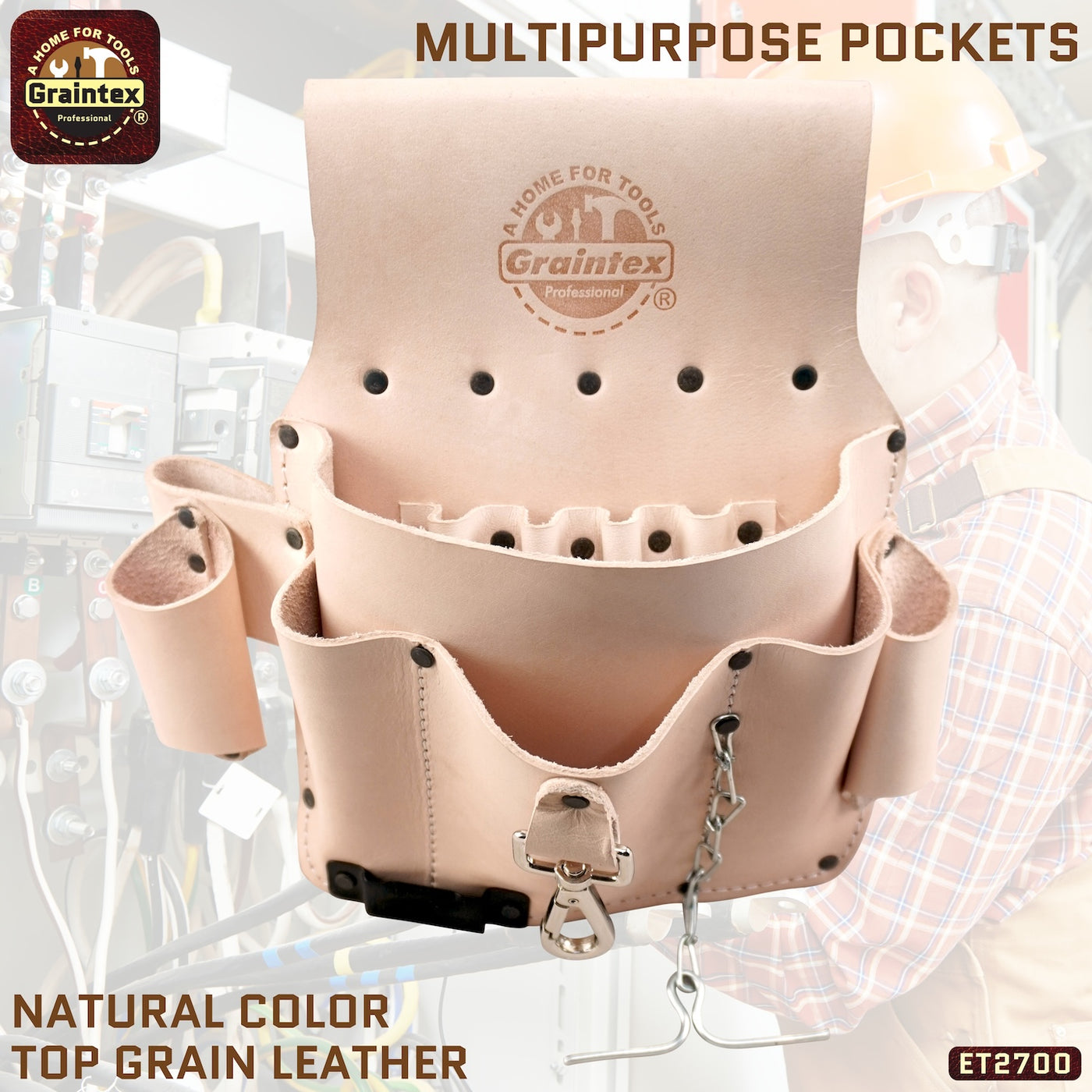 ET2700 :: 8 Pocket Electrician’s Tool Pouch Natural Color Top Grain Leather