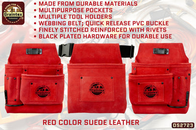 DS2723 :: 4 Piece 14 Pocket Tool Belt Combo Red Color Suede Leather