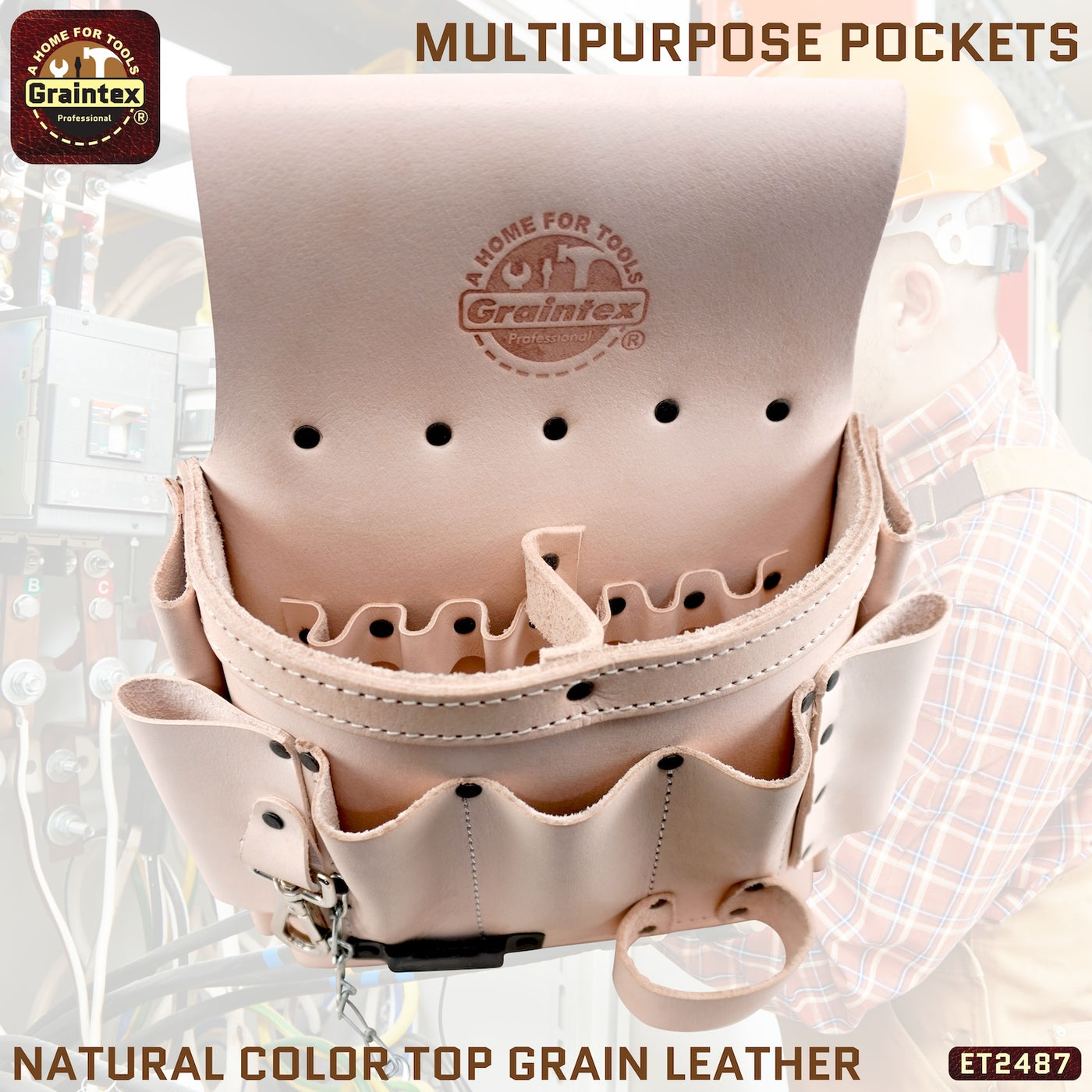 ET2487 :: 10 Pocket Electrician’s Tool Pouch Natural Color Top Grain Leather