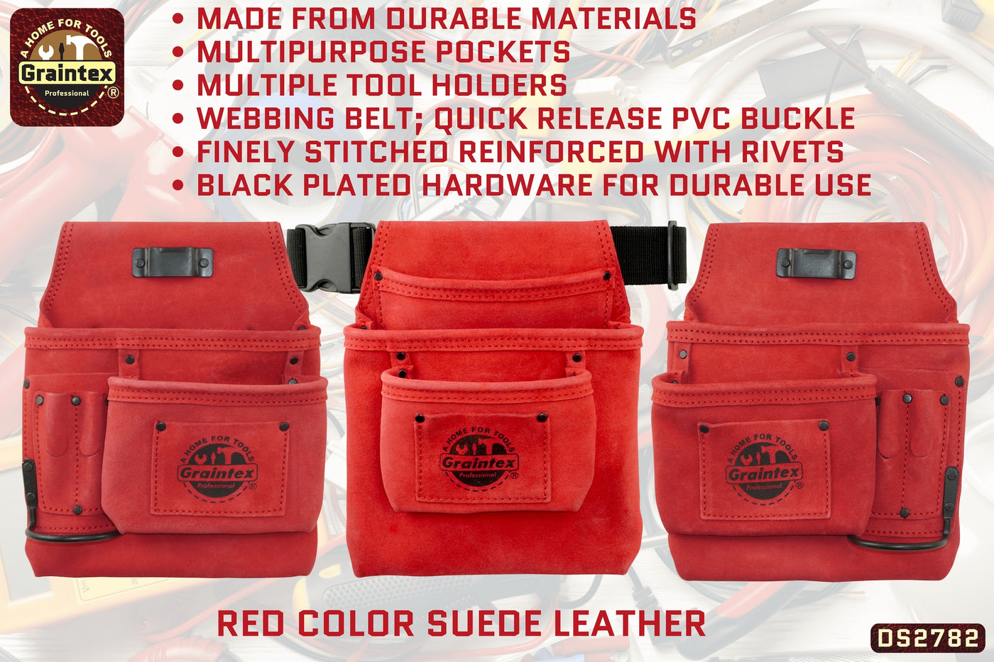 DS2782 :: 4 Piece 16 Pocket Tool Belt Combo Red Color Suede Leather