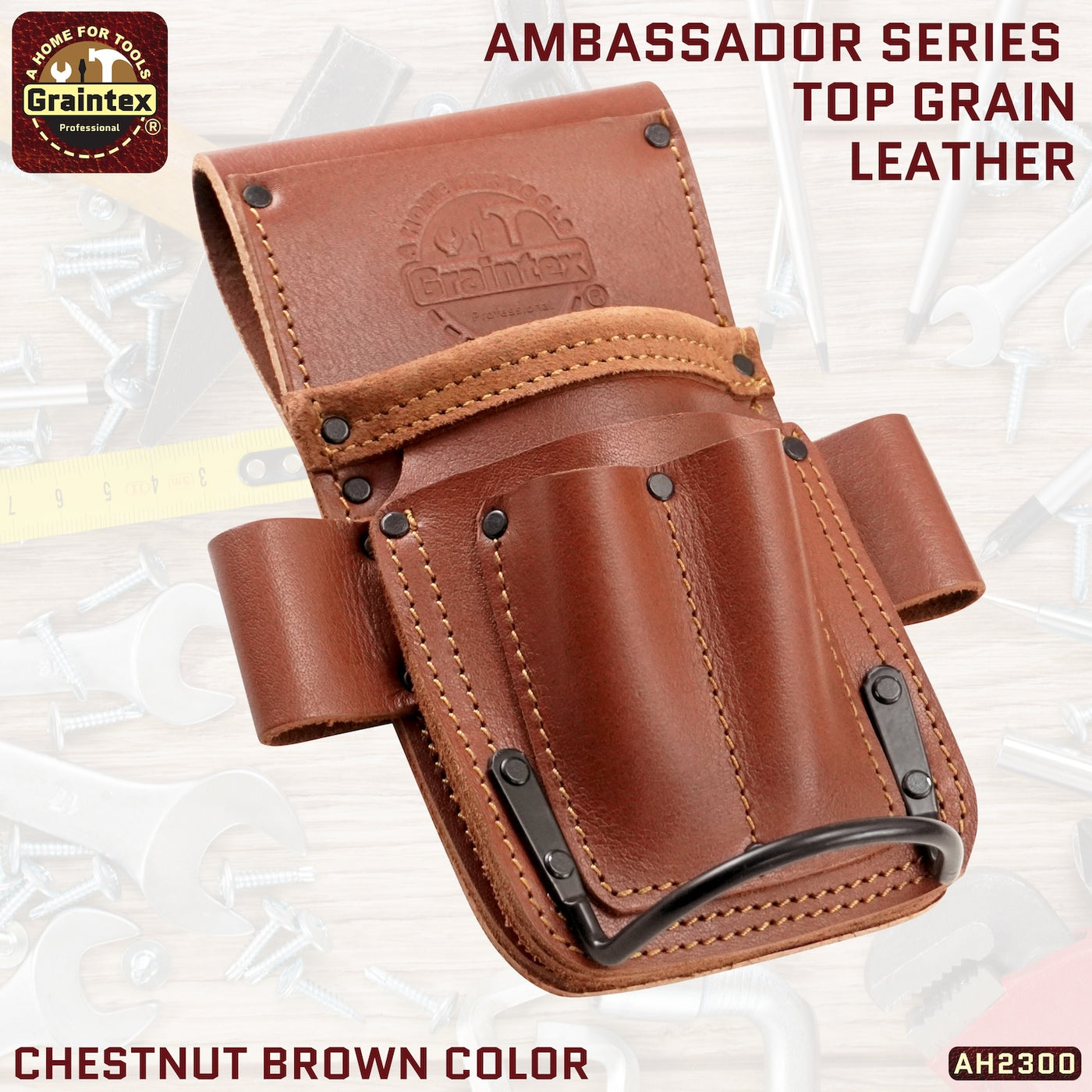 AH2300 :: AMBASSADOR SERIES 5 POCKET MULTI TOOL HOLDER CHESTNUT BROWN COLOR TOP GRAIN LEATHER