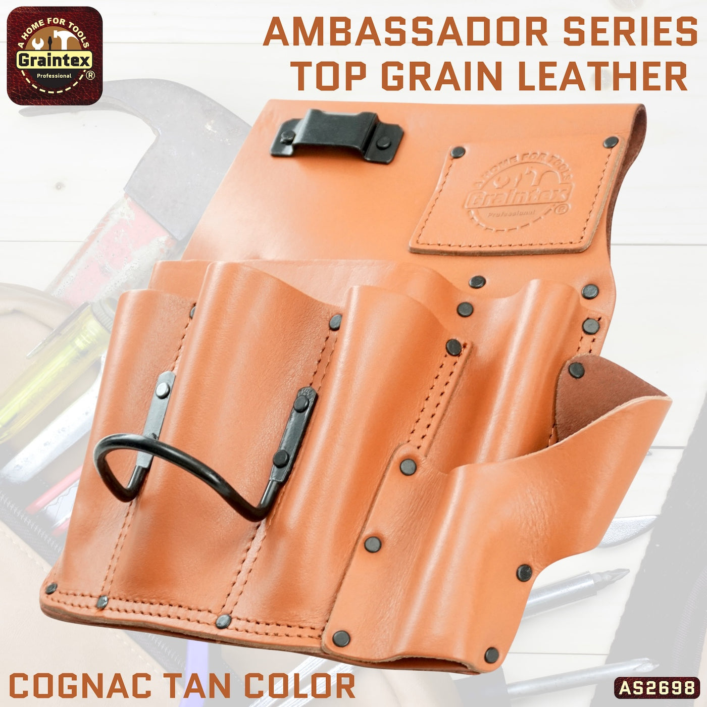 AS2698 :: Drywall Pouch Left Handed Ambassador Series Cognac Tan Color Top Grain Leather