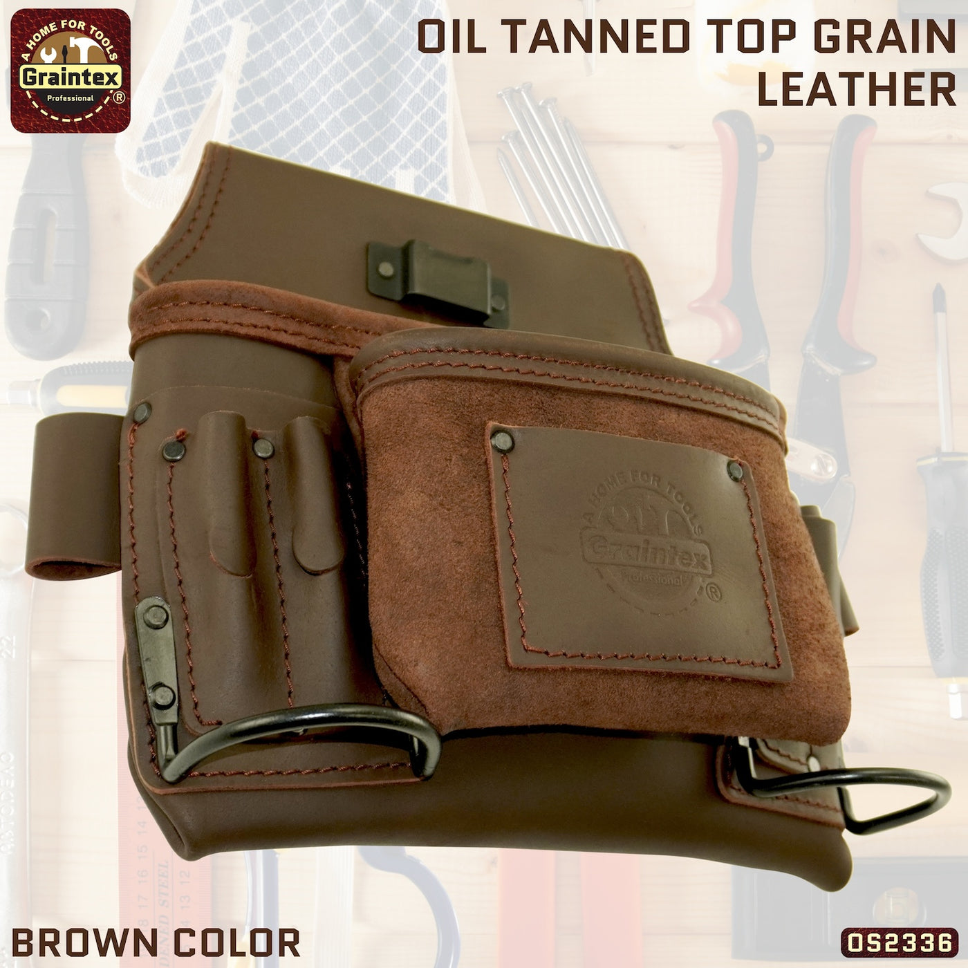 OS2336 :: 8 Pocket Nail & Tool Pouch Brown Color Top Grain Oil Tanned Leather