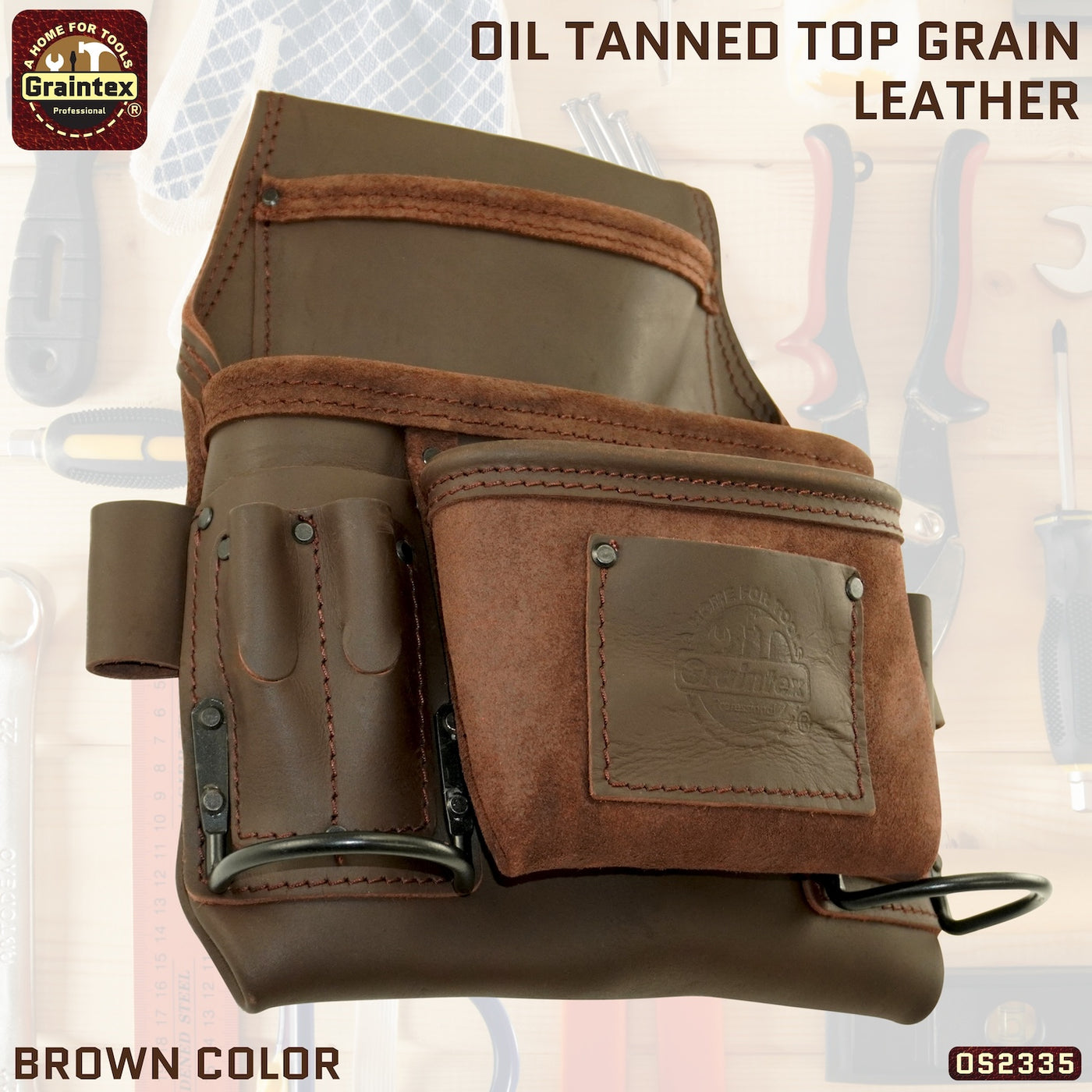 OS2335 :: 9 Pocket Nail & Tool Pouch Brown Color Top Grain Oil Tanned Leather