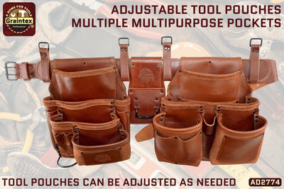 AD2774 :: 4 Piece 18 Pocket Framer's Tool Belt Combo Set Ambassador Series Chestnut Brown Color Top Grain Leather