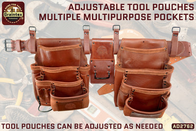 AD2762 :: 4 Piece 17 Pocket Framer's Tool Belt Combo Set Ambassador Series Chestnut Brown Color Top Grain Leather