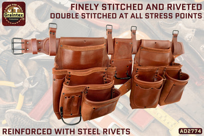 AD2774 :: 4 Piece 18 Pocket Framer's Tool Belt Combo Set Ambassador Series Chestnut Brown Color Top Grain Leather