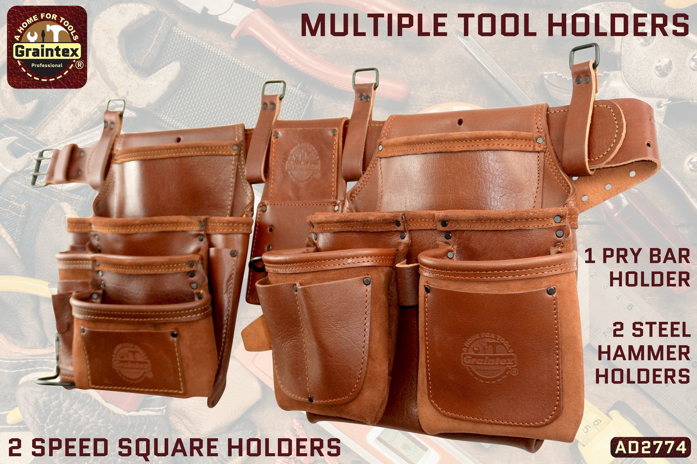AD2774 :: 4 Piece 18 Pocket Framer's Tool Belt Combo Set Ambassador Series Chestnut Brown Color Top Grain Leather