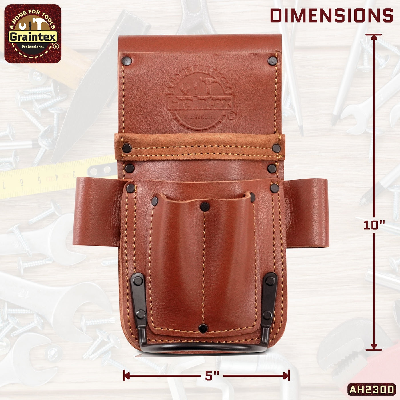 AH2300 :: AMBASSADOR SERIES 5 POCKET MULTI TOOL HOLDER CHESTNUT BROWN COLOR TOP GRAIN LEATHER