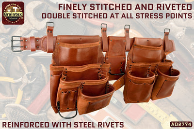 AD2774 :: 4 Piece 18 Pocket Framer's Tool Belt Combo Set Ambassador Series Chestnut Brown Color Top Grain Leather