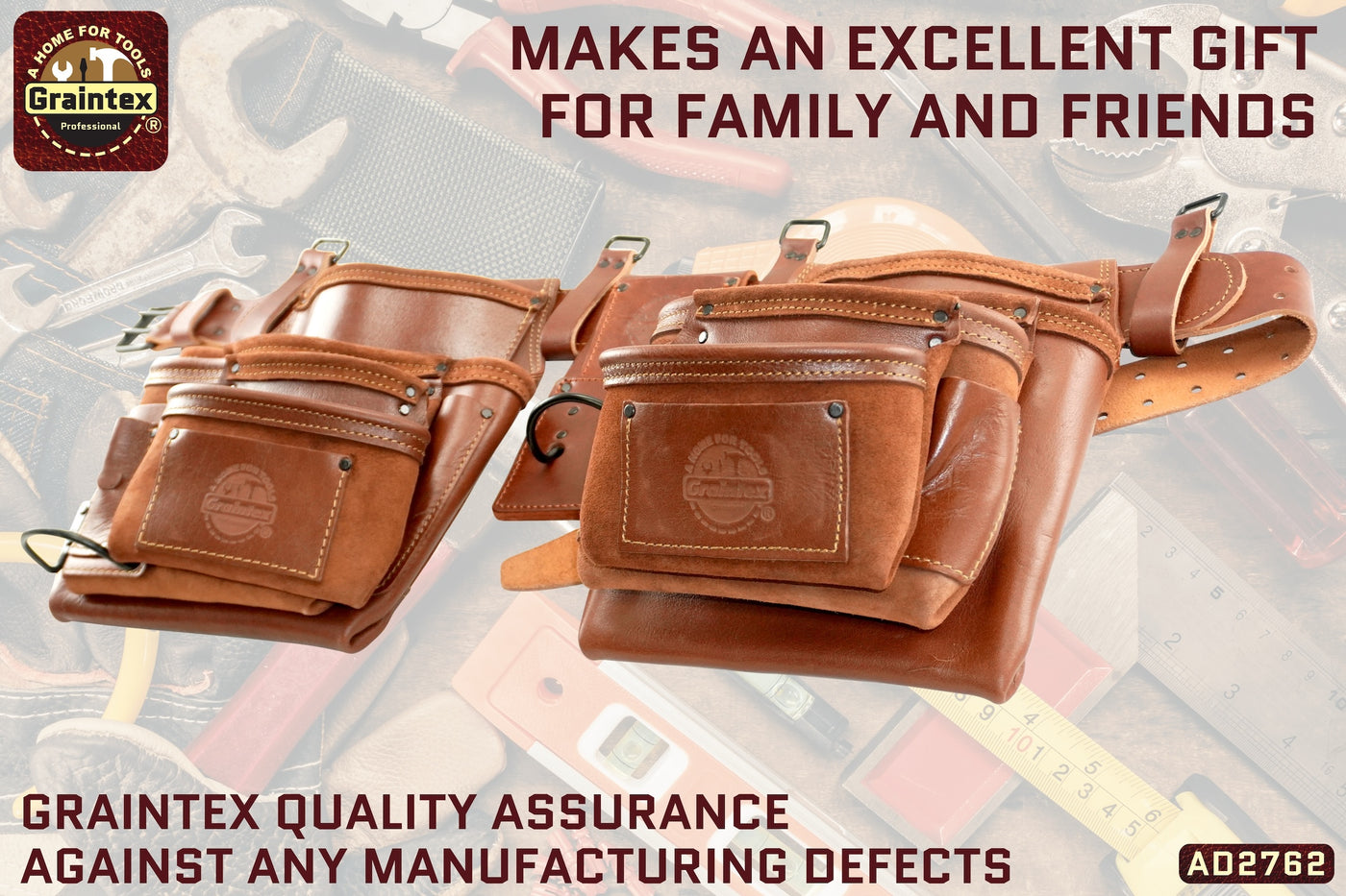 AD2762 :: 4 Piece 17 Pocket Framer's Tool Belt Combo Set Ambassador Series Chestnut Brown Color Top Grain Leather