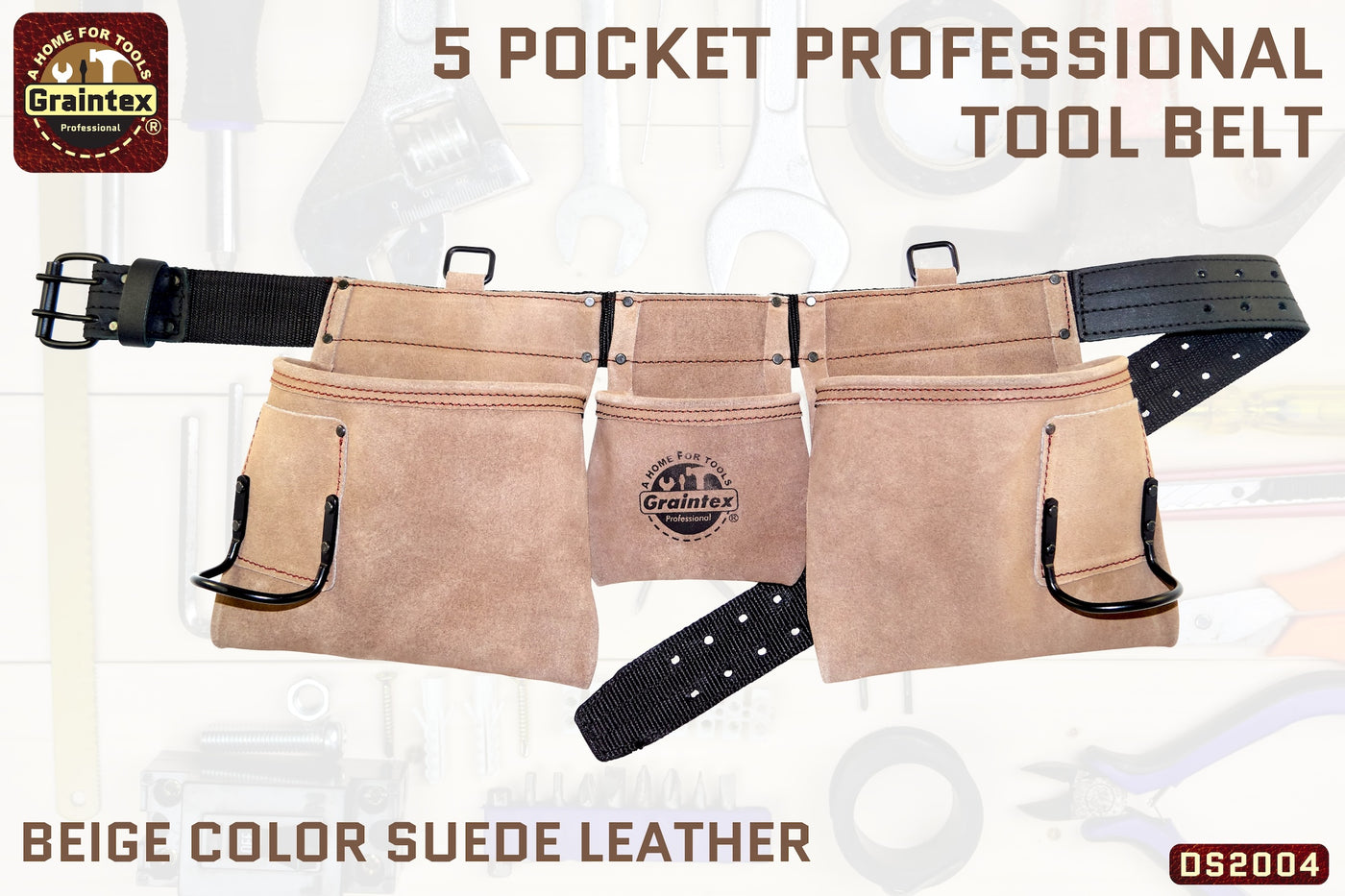 DS2004 :: 5 POCKET PROFESSIONAL TOOL BELT BEIGE COLOR SUEDE LEATHER