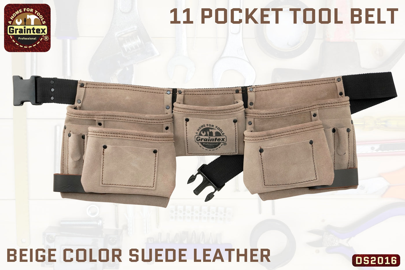 DS2016 :: 11 POCKET TOOL BELT BEIGE COLOR SUEDE LEATHER